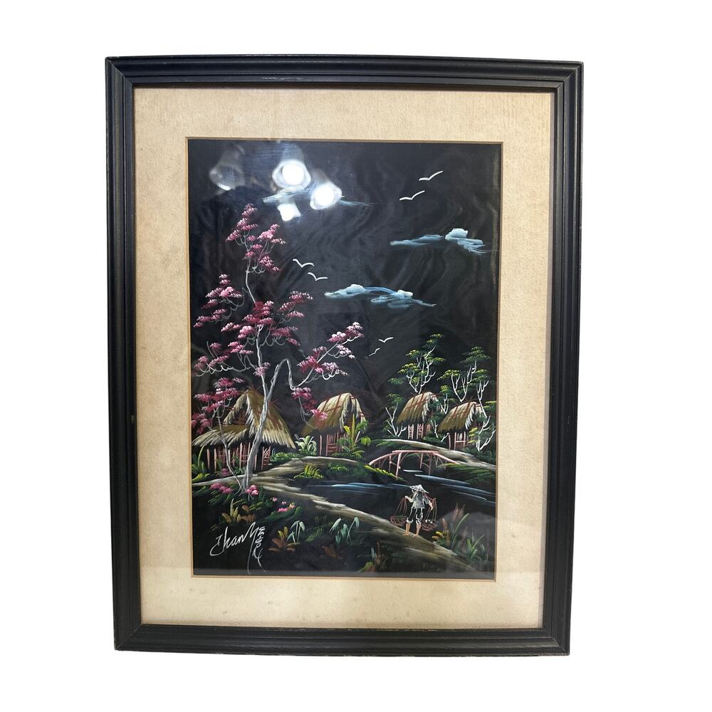 Vintage Souvenir Oil Painting Signed By Artist Tropical Island Tiki Huts
